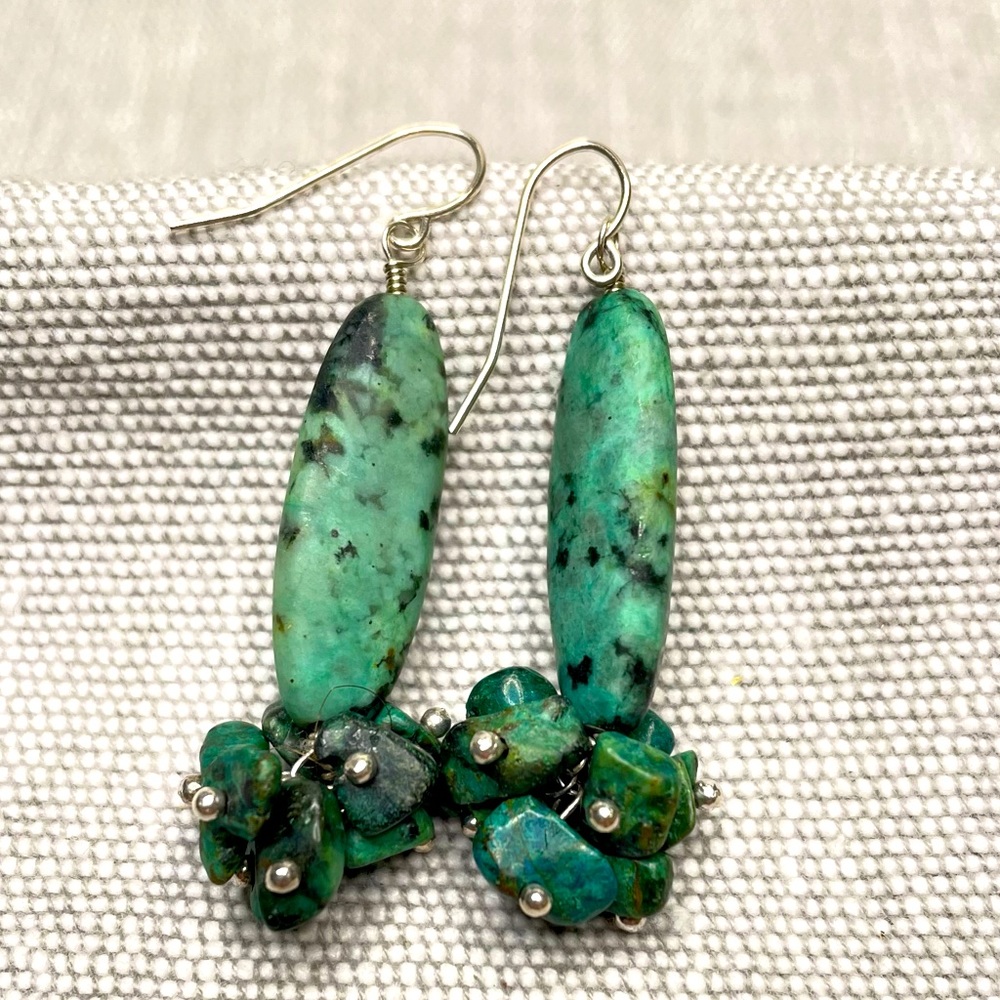 African Green Turquoise and Turquoise Chips Silver Dangle Hook Earrings